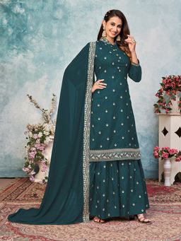 Odette - Teal Art Silk Embroidered Semi Stitched Dress Material (Set of 3)