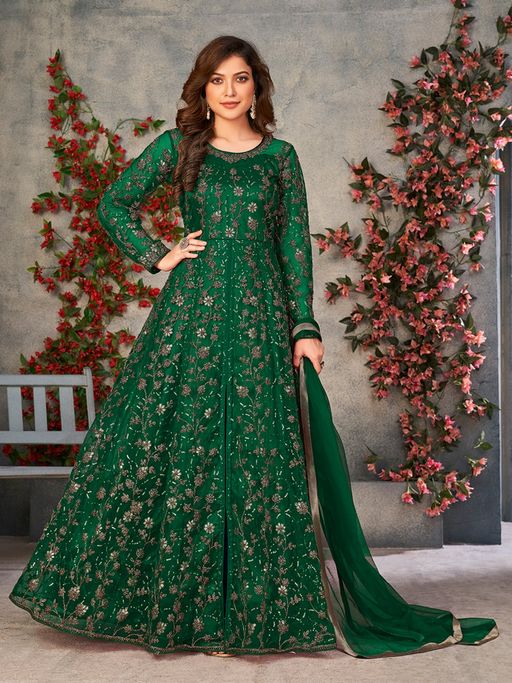 Buy Odette Green Net Embroidered Semi Stitched Dress Material with Inner  (Set of 4) Online
