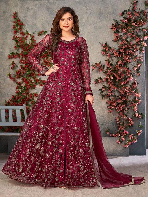 Odette Purple Net Embroidered Semi Stitched Dress Material with Inner (Set of 4)