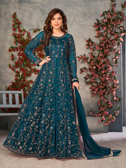 Odette Teal Net Embroidered Semi Stitched Dress Material with Inner (Set of 4)