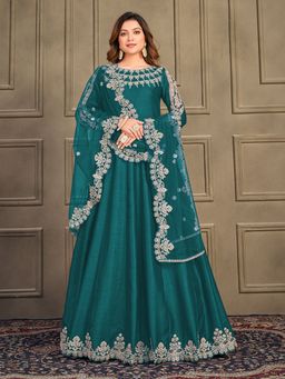 Odette - Teal Art Silk Embroidered Semi Stitched Dress Material (Set of 3)