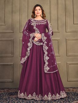 Odette - Purple Art Silk Embroidered Semi Stitched Dress Material (Set of 3)