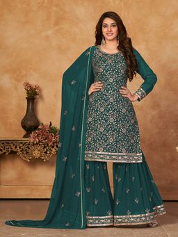 Odette - Teal Georgette Embroidered Semi Stitched Dress Material (Set of 3)