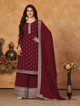 Odette - Maroon Georgette Embroidered Semi Stitched Dress Material with Inner (Set of 4)