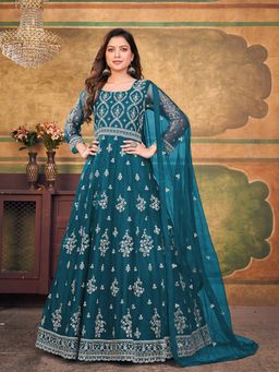 Odette - Teal Net Embroidered Semi Stitched Dress Material with Inner (Set of 4)