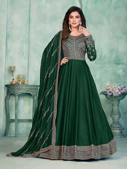 Odette - Green Art Silk Embroidered Semi Stitched Dress Material with Inner (Set of 4)