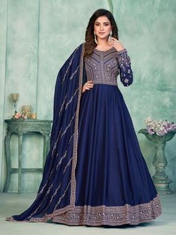 Odette - Navy Blue Art Silk Embroidered Semi Stitched Dress Material with Inner (Set of 4)