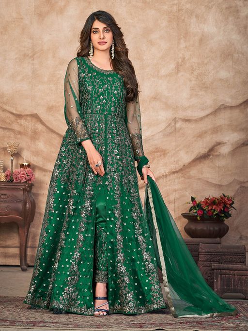 Buy Odette Green Georgette Embroidered Semi Stitched Dress Material with  Inner (Set of 4) Online