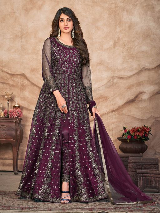 Buy Odette Purple Georgette Embroidered Semi Stitched Dress Material with  Inner (Set of 4) Online