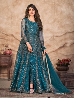 Odette - Teal Georgette Embroidered Semi Stitched Dress Material with Inner (Set of 4)