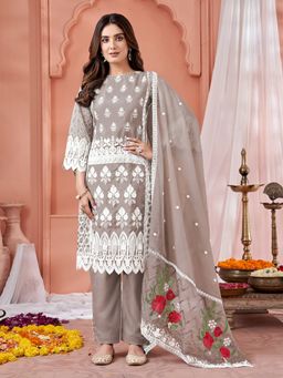 Odette - Grey Georgette Embroidered Semi Stitched Dress Material (Set of 3)
