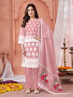 Odette - Peach Georgette Embroidered Semi Stitched Dress Material (Set of 3)