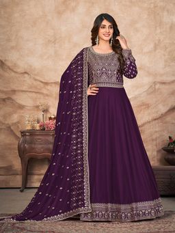 Odette - Purple Art Silk Embroidered Semi Stitched Dress Material (Set of 3)