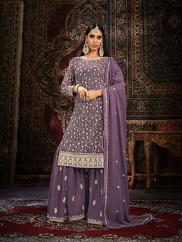 Odette - Purple Georgette Embroidered Semi Stitched Dress Material with Inner (Set of 4)