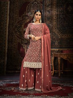 Odette - Pink Georgette Embroidered Semi Stitched Dress Material with Inner (Set of 4)