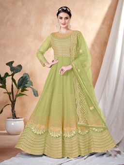 Odette - Green Net Embellished Semi Stitched Dress Material with Inner (Set of 4)