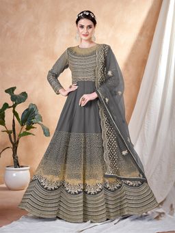 Odette - Grey Net Embellished Semi Stitched Dress Material with Inner (Set of 4)
