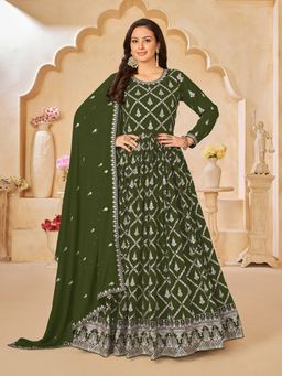 Odette - Green Georgette Embroidered Semi Stitched Dress Material with Inner (Set of 4)