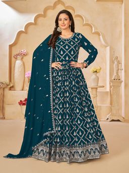 Odette - Teal Georgette Embroidered Semi Stitched Dress Material with Inner (Set of 4)
