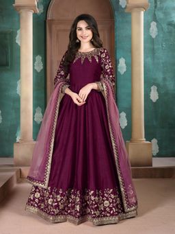 Odette - Purple Silk Embroidered Semi Stitched Dress Material (Set of 3)