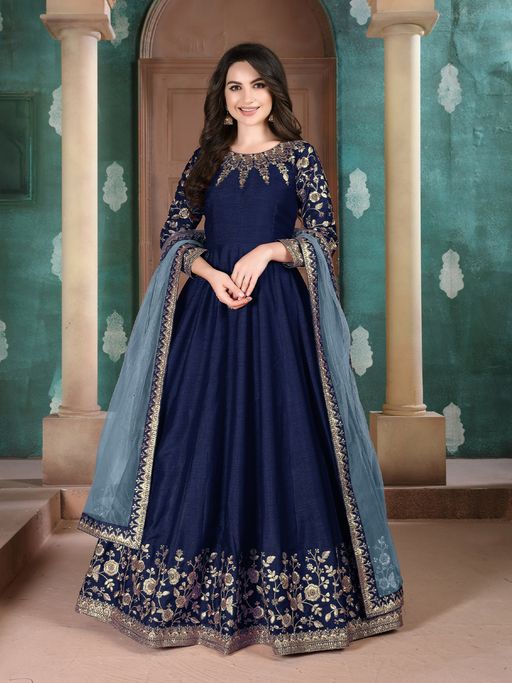 Odette Blue Silk Embroidered Semi Stitched Dress Material (Set of 3)