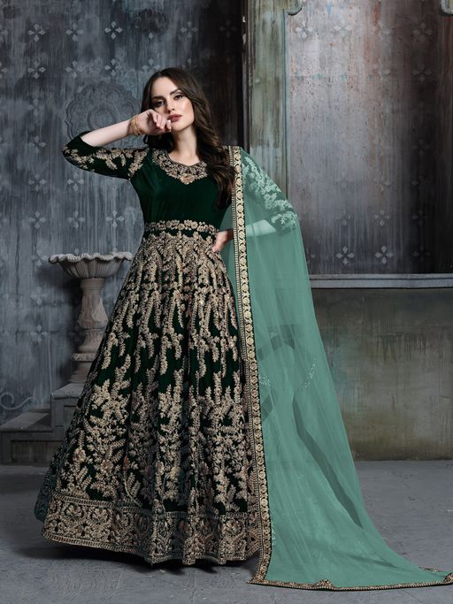 Buy Odette Green Velvet Embroidered Semi Stitched Dress Material (Set of 3)  Online