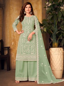 Odette - Green Net Embroidered Semi Stitched Dress Material with Inner (Set of 4)