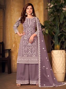 Odette - Light Purple Net Embroidered Semi Stitched Dress Material with Inner (Set of 4)