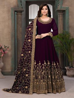 Odette - Purple Georgette Embroidered Semi Stitched Dress Material with Inner (Set of 4)