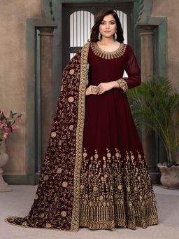 Odette - Maroon Georgette Embroidered Semi Stitched Dress Material with Inner (Set of 4)