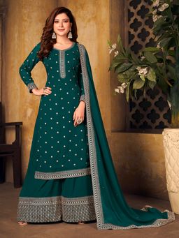 Odette - Teal Georgette Embroidered Semi Stitched Dress Material (Set of 3)