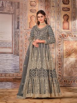 Odette - Grey Net Embroidered Semi Stitched Dress Material with Inner (Set of 4)