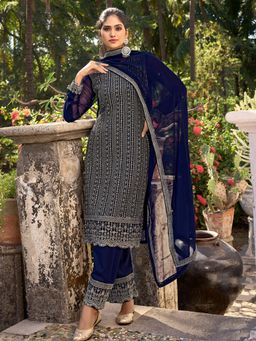 Odette - Blue Silk Embroidered Semi Stitched Dress Material (Set of 3)