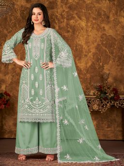 Odette - Green Net Embroidered Semi Stitched Dress Material with Inner (Set of 4)