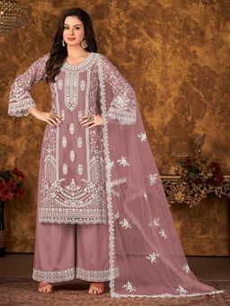 Odette - Mauve Net Embroidered Semi Stitched Dress Material with Inner (Set of 4)