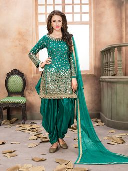 Odette - Green Taffeta Embellished Semi Stitched Dress Material (Set of 3)