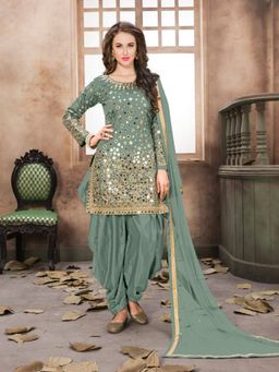 Odette - Green Taffeta Embellished Semi Stitched Dress Material (Set of 3)