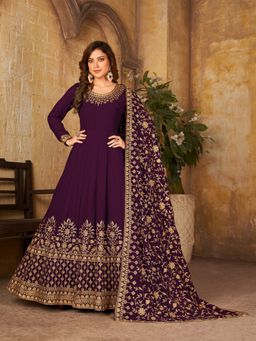 Odette - Purple Georgette Embroidered Semi Stitched Dress Material (Set of 3)