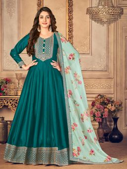 Odette - Teal Silk Embroidered Semi Stitched Dress Material (Set of 3)