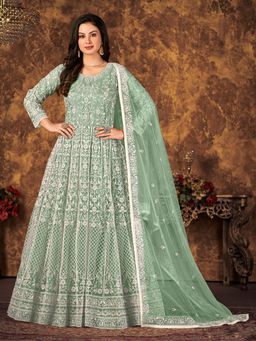 Odette - Green Net Embroidered Semi Stitched Dress Material with Inner (Set of 4)