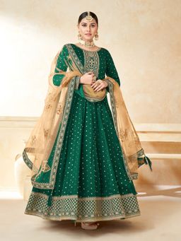 Odette - Green Taffeta Embroidered Semi Stitched Dress Material (Set of 3)