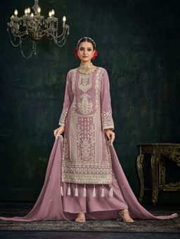 Odette - Lavender Georgette Embroidered Semi Stitched Dress Material (Set of 3)