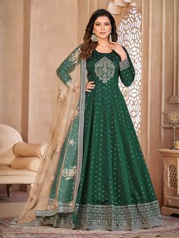 Odette - Green Taffeta Embroidered Semi Stitched Dress Material (Set of 3)