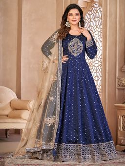 Odette - Blue Taffeta Embroidered Semi Stitched Dress Material (Set of 3)