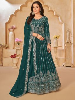 Odette - Teal Georgette Embroidered Semi Stitched Dress Material (Set of 3)