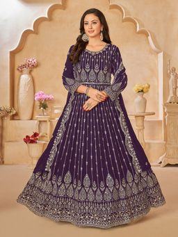 Odette - Purple Georgette Embroidered Semi Stitched Dress Material (Set of 3)