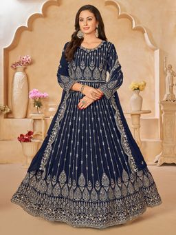 Odette - Navy Blue Georgette Embroidered Semi Stitched Dress Material (Set of 3)