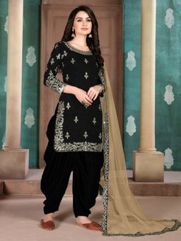 Odette - Black Art Silk Embroidered Semi Stitched Dress Material with Inner (Set of 4)