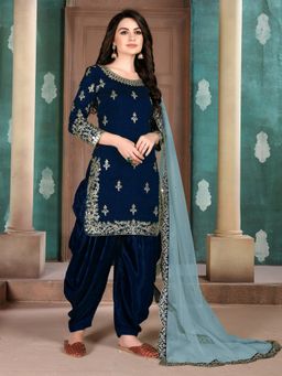 Odette - Navy Blue Art Silk Embroidered Semi Stitched Dress Material with Inner (Set of 4)