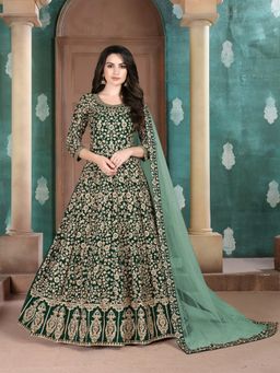Odette - Green Georgette Embroidered Semi Stitched Dress Material (Set of 3)